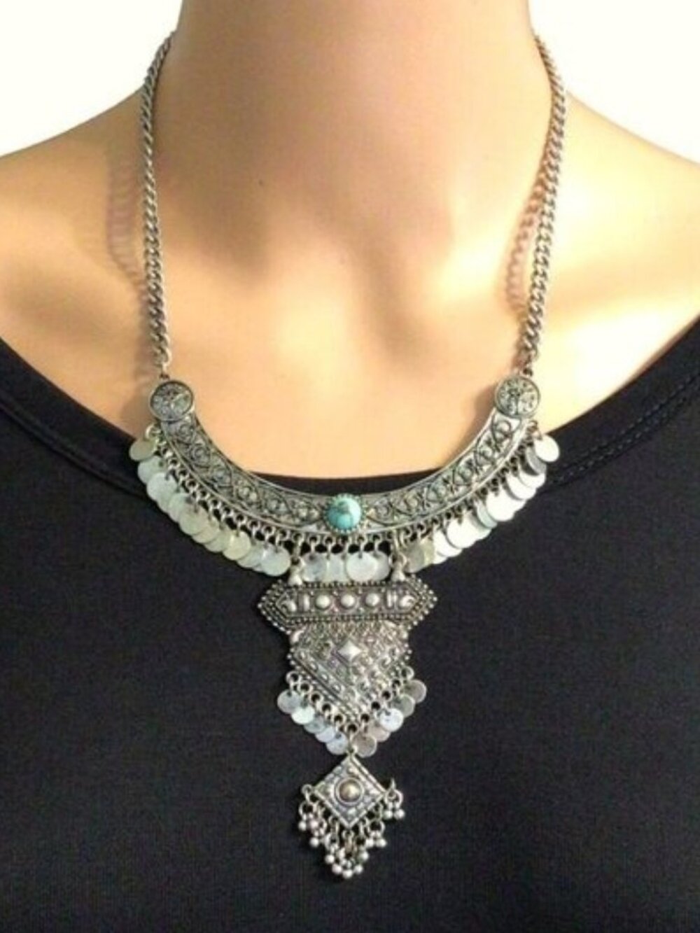 Max and Zoe Necklace Statement Bib Fringe Turqoise Silver Tone Boho Womens